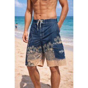 NEW Men's Hard Rock Boardshorts Size 36 Hibiscus & Guitars - TAN
